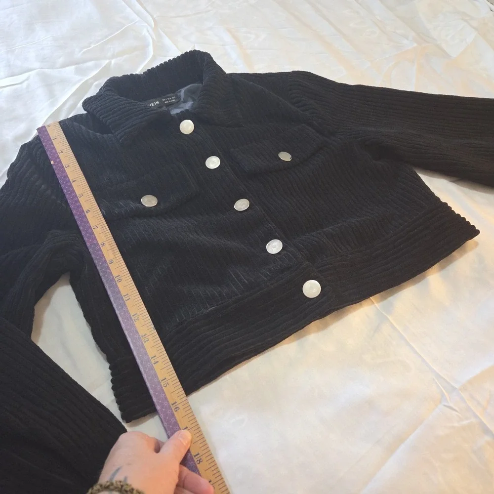Women's S Black Corduroy Cropped Jacket Balloon Sleeve Silver Button Y2K Grunge